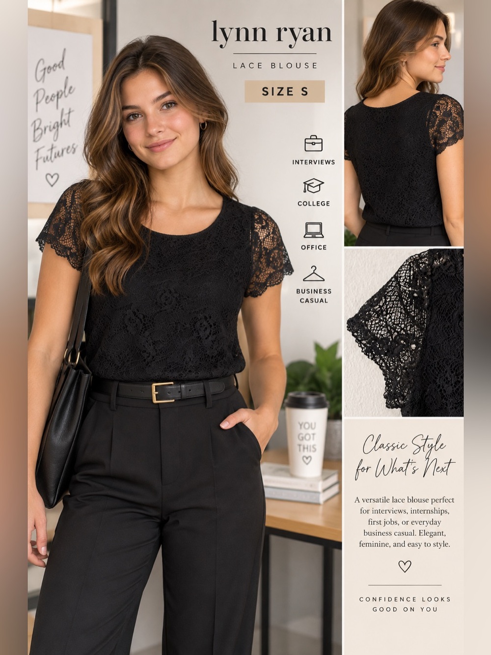 Lynn Ryan Black Lace Short-Sleeve Blouse crewneck size Small
